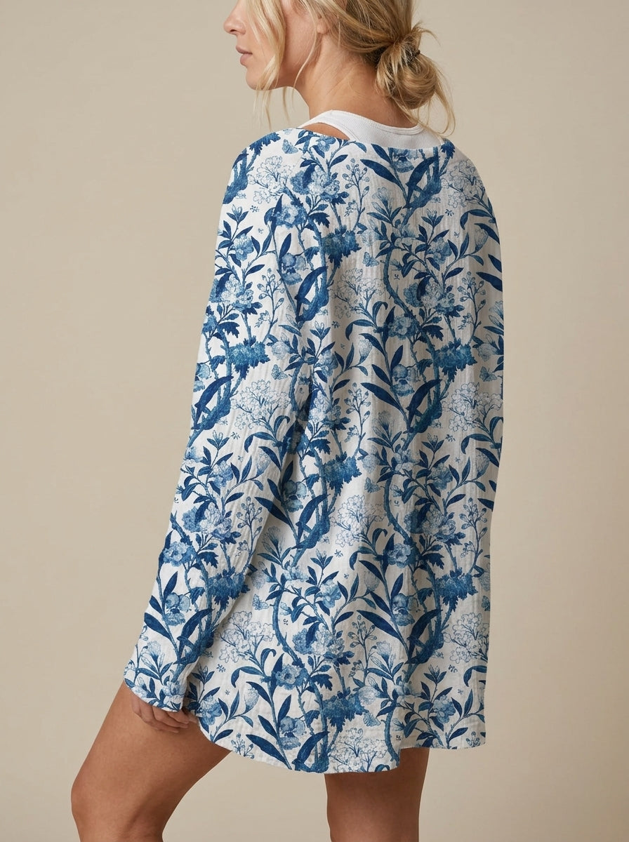 Tiverly | Cárdigan de Punto Vintage, Pájaros y Flores en Azul y Blanco