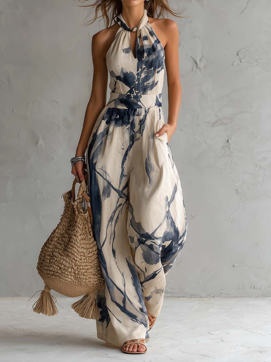 Mono de Pierna Ancha Cuello Halter, Estampado Tinta Crudo y Marino