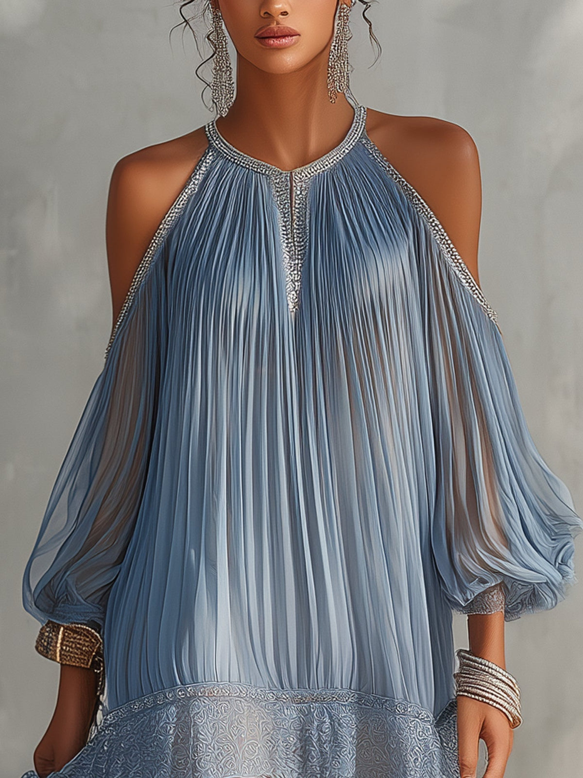 Cinzia | Vestido mini azul de hombros descubiertos con fruncidos y bajo de encaje
