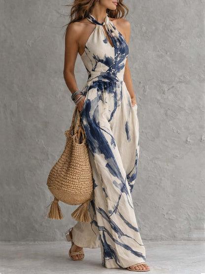 Mono de Pierna Ancha Cuello Halter, Estampado Tinta Crudo y Marino