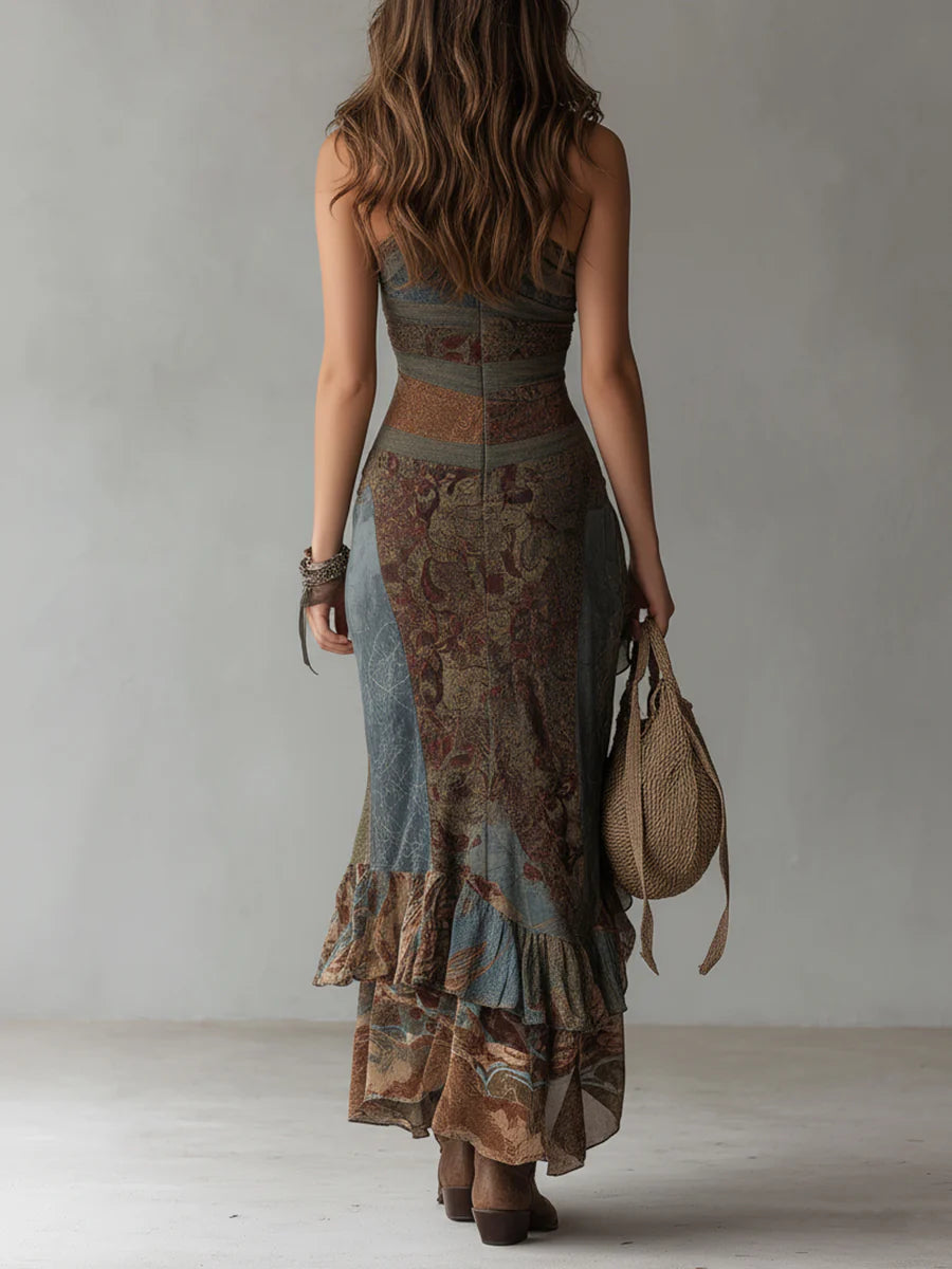 Ambra | Vestido Étnico de Hombro Descubierto, Gris