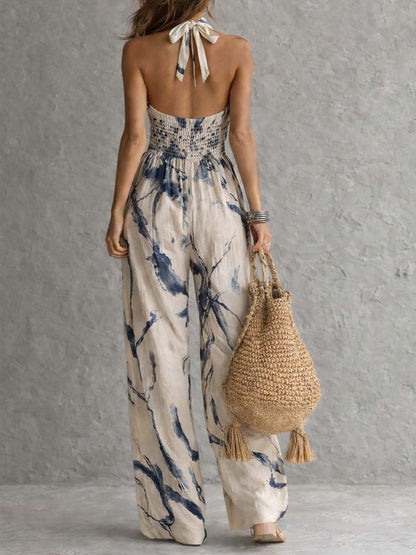 Mono de Pierna Ancha Cuello Halter, Estampado Tinta Crudo y Marino