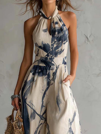 Mono de Pierna Ancha Cuello Halter, Estampado Tinta Crudo y Marino