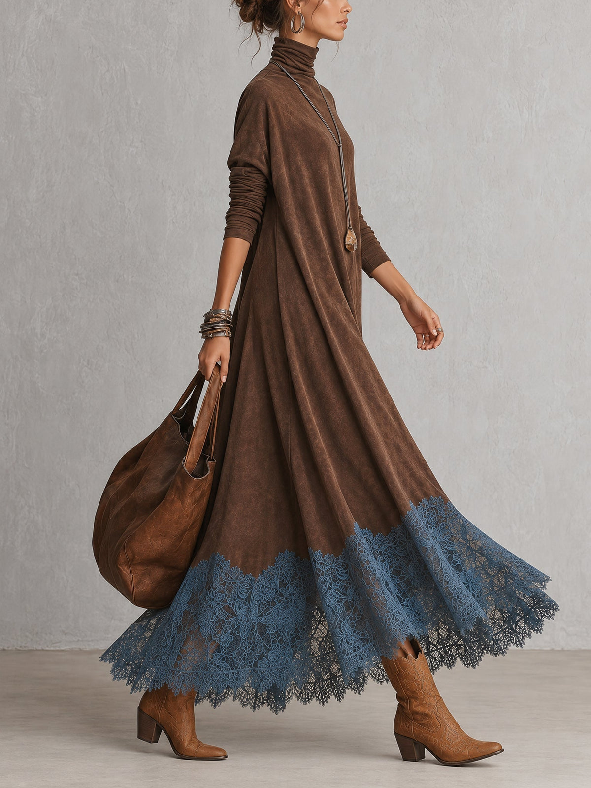 Piera | Vestido Largo Efecto Ante con Bajo de Encaje