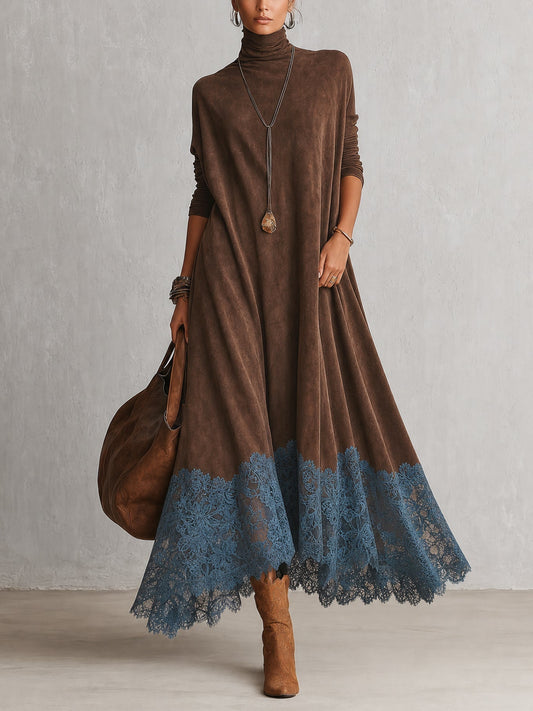Piera | Vestido Largo Efecto Ante con Bajo de Encaje
