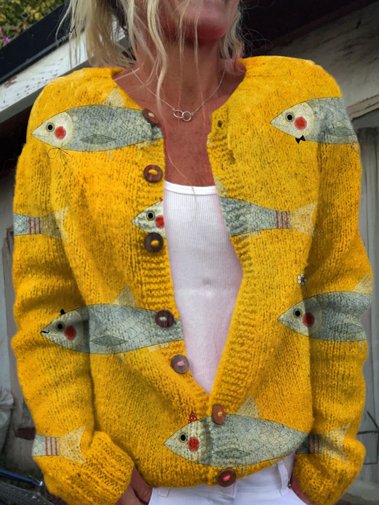 Anouk | Cárdigan de Punto Vintage, Amarillo Dorado con Estampado de Peces