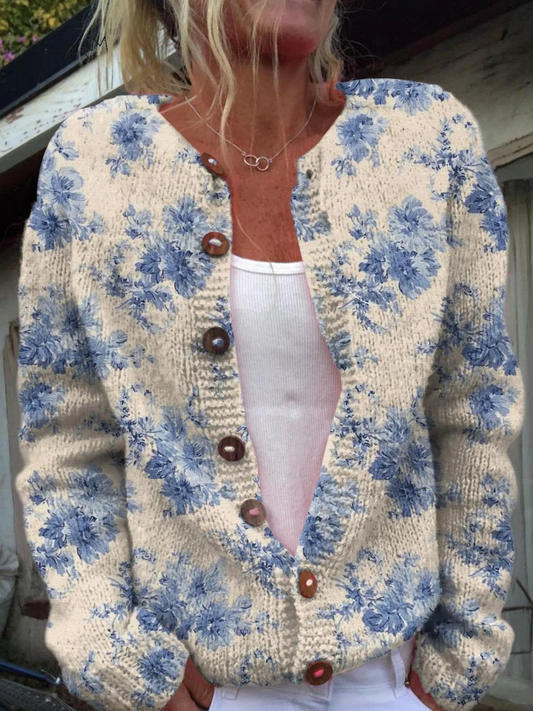 Daysie | Cárdigan de Punto Vintage, Floral Azul sobre Crudo