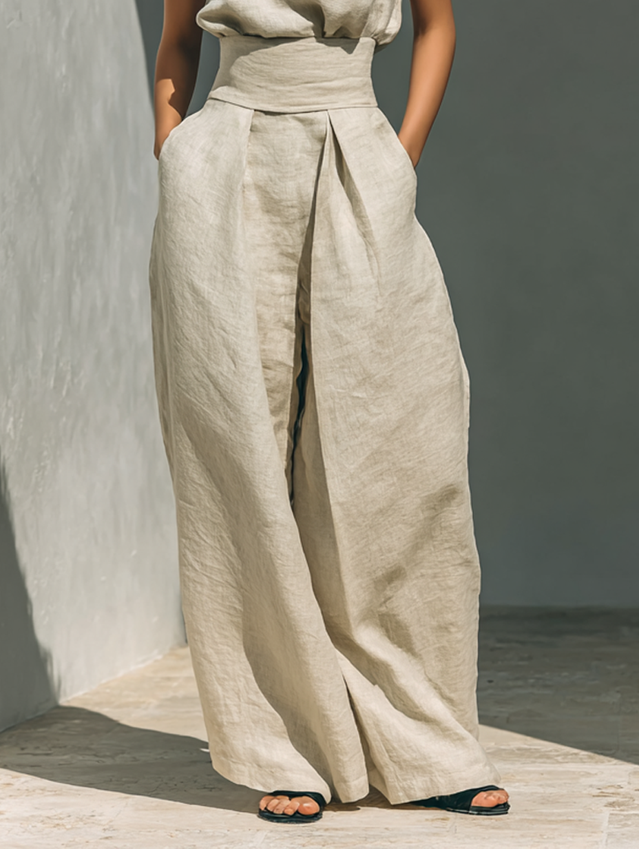 María | Conjunto minimalista de mujer en algodón y lino, con top y pantalón ancho