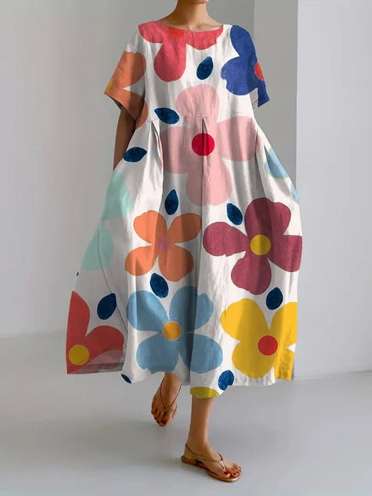 Vestido Floral de Verano Blanco Lino con Manga de Volante
