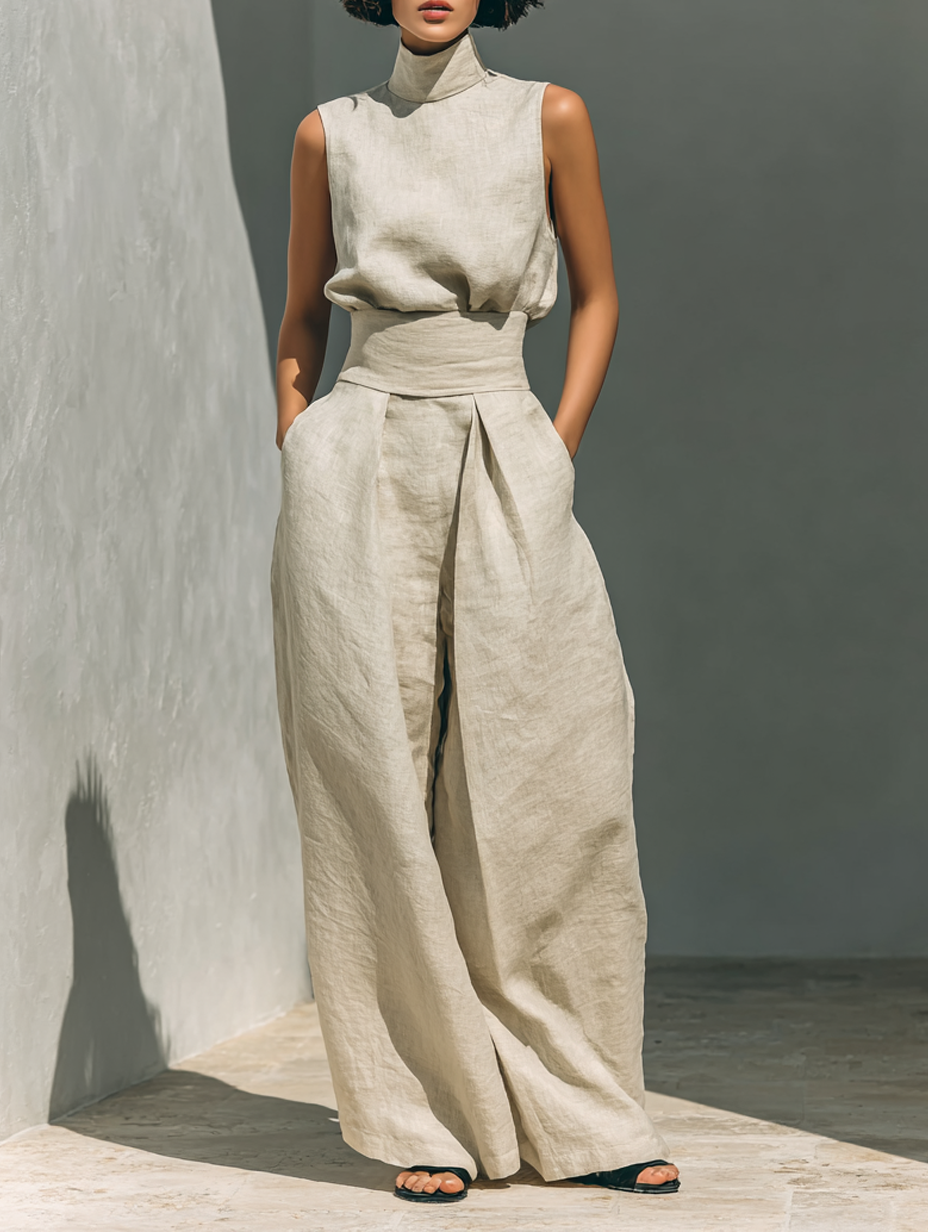 María | Conjunto minimalista de mujer en algodón y lino, con top y pantalón ancho