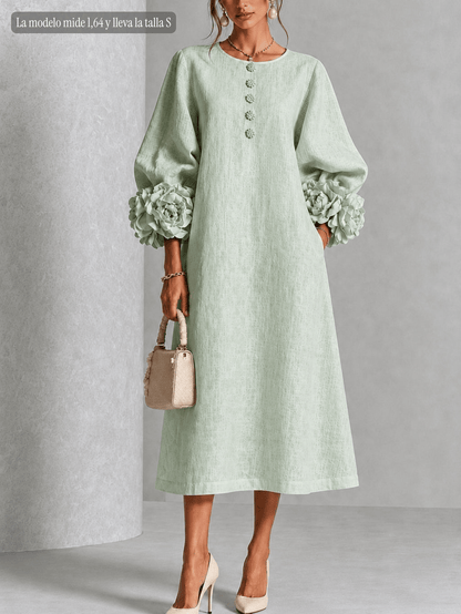 Vestido Midi Floral con Botones y Mangas Extravagantes