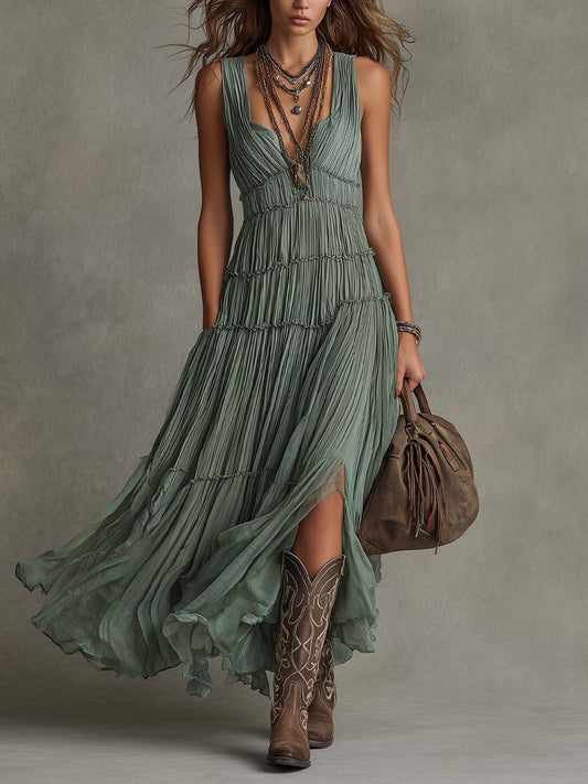 Rosalía | Vestido Maxi Plisado de Gasa Bohemio