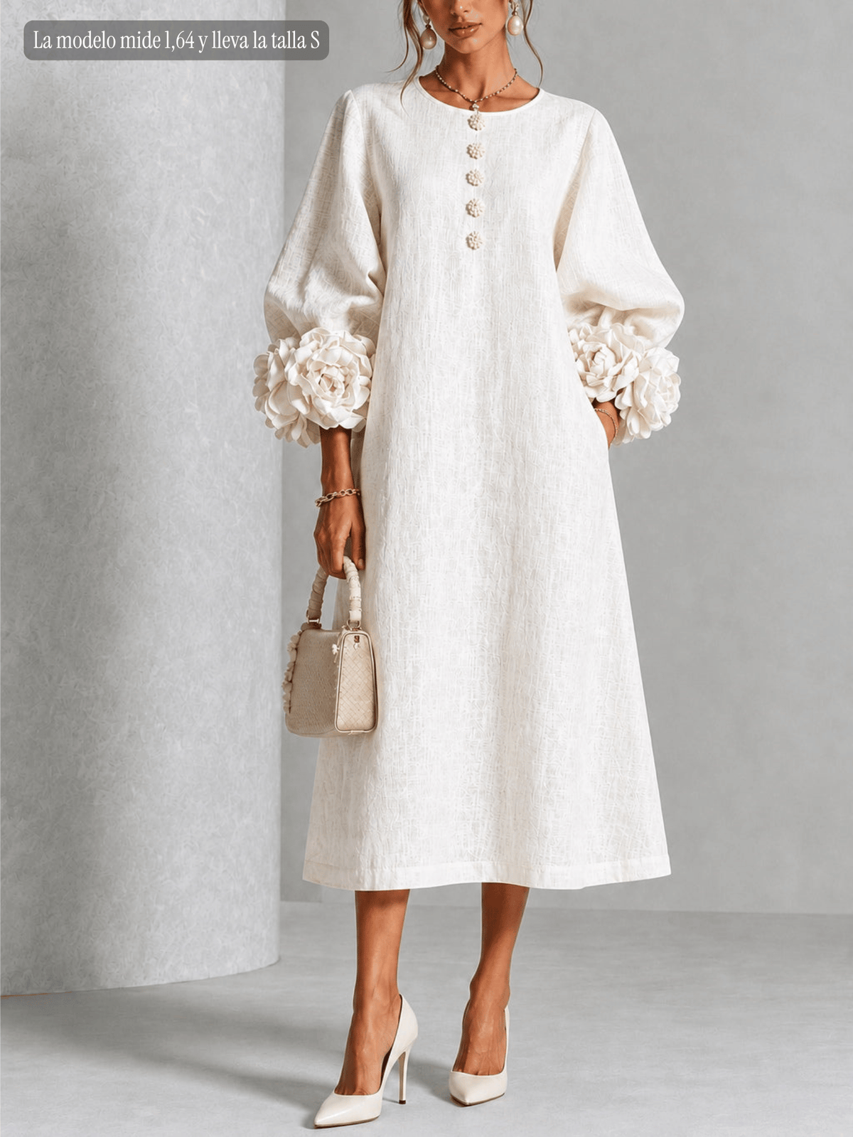 Vestido Midi Blanco con Botones de Flores y Mangas Decoradas