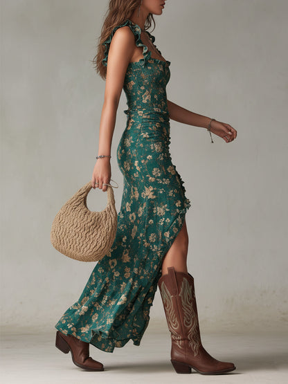 Zara | Vestido maxi boho retro con mangas de volante y abertura alta