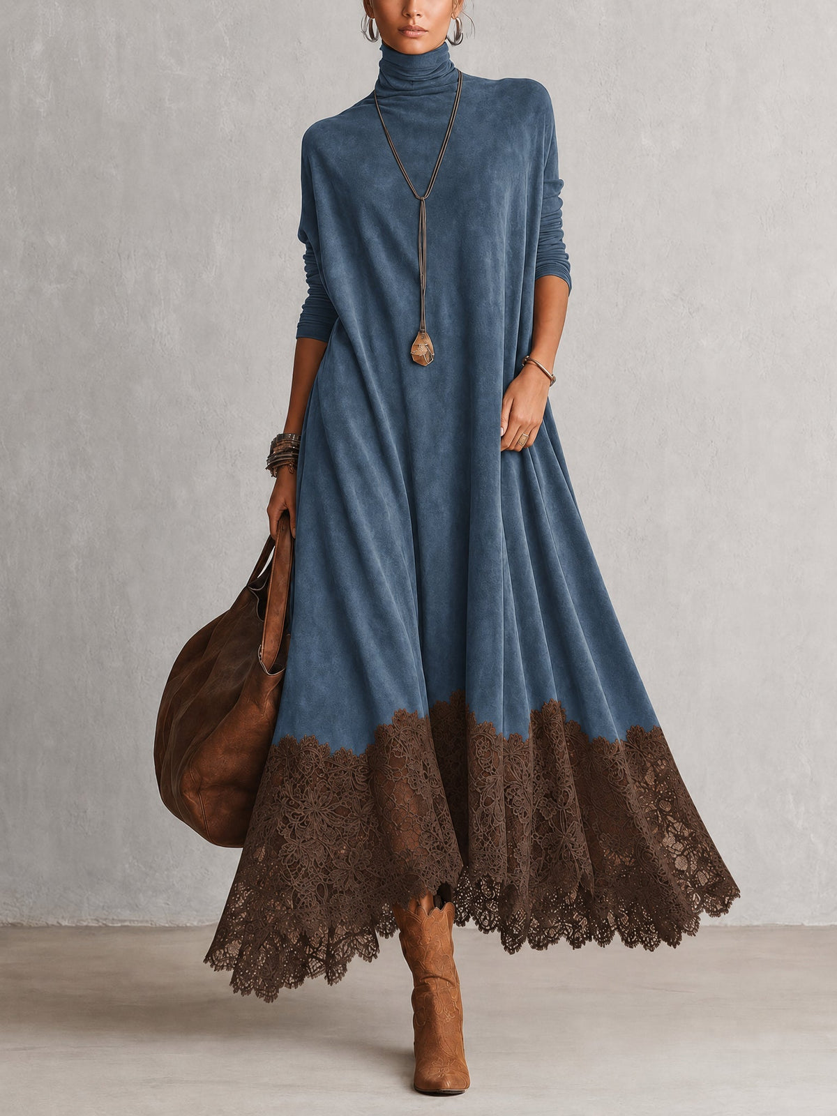 Piera | Vestido Largo Efecto Ante con Bajo de Encaje