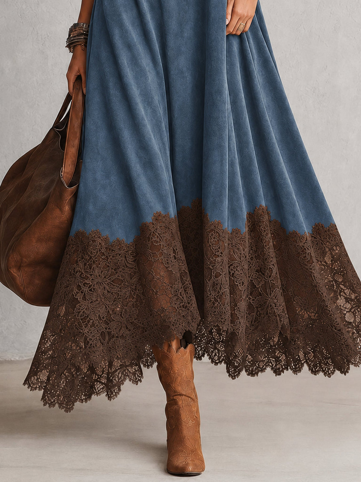 Piera | Vestido Largo Efecto Ante con Bajo de Encaje