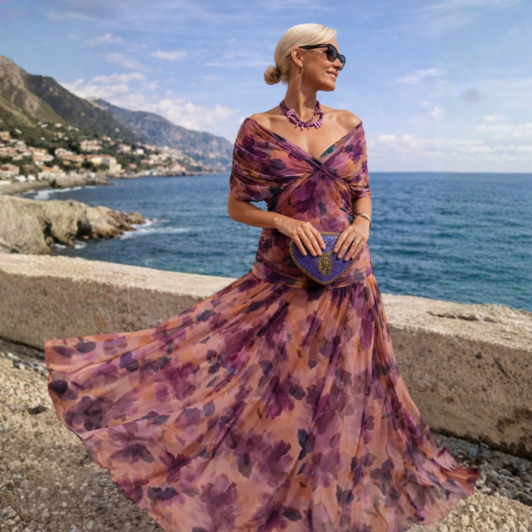 Norma | Vestido de Gasa con Hombros Caídos, Verde y Rosa