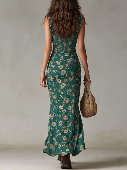 Zara | Vestido maxi boho retro con mangas de volante y abertura alta