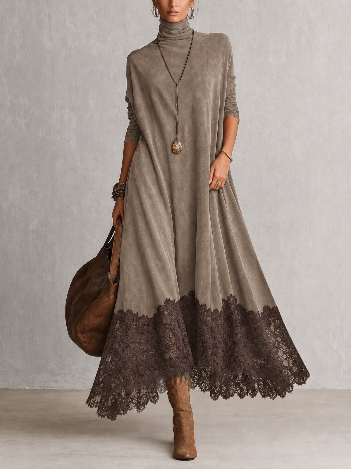 Piera | Vestido Largo Efecto Ante con Bajo de Encaje