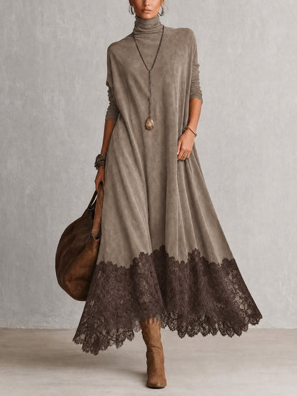 Piera | Vestido Largo Efecto Ante con Bajo de Encaje