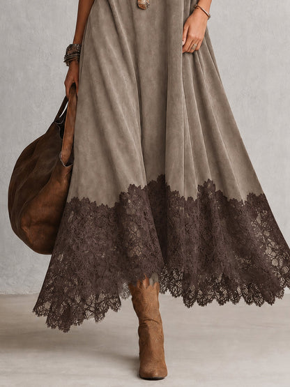 Piera | Vestido Largo Efecto Ante con Bajo de Encaje