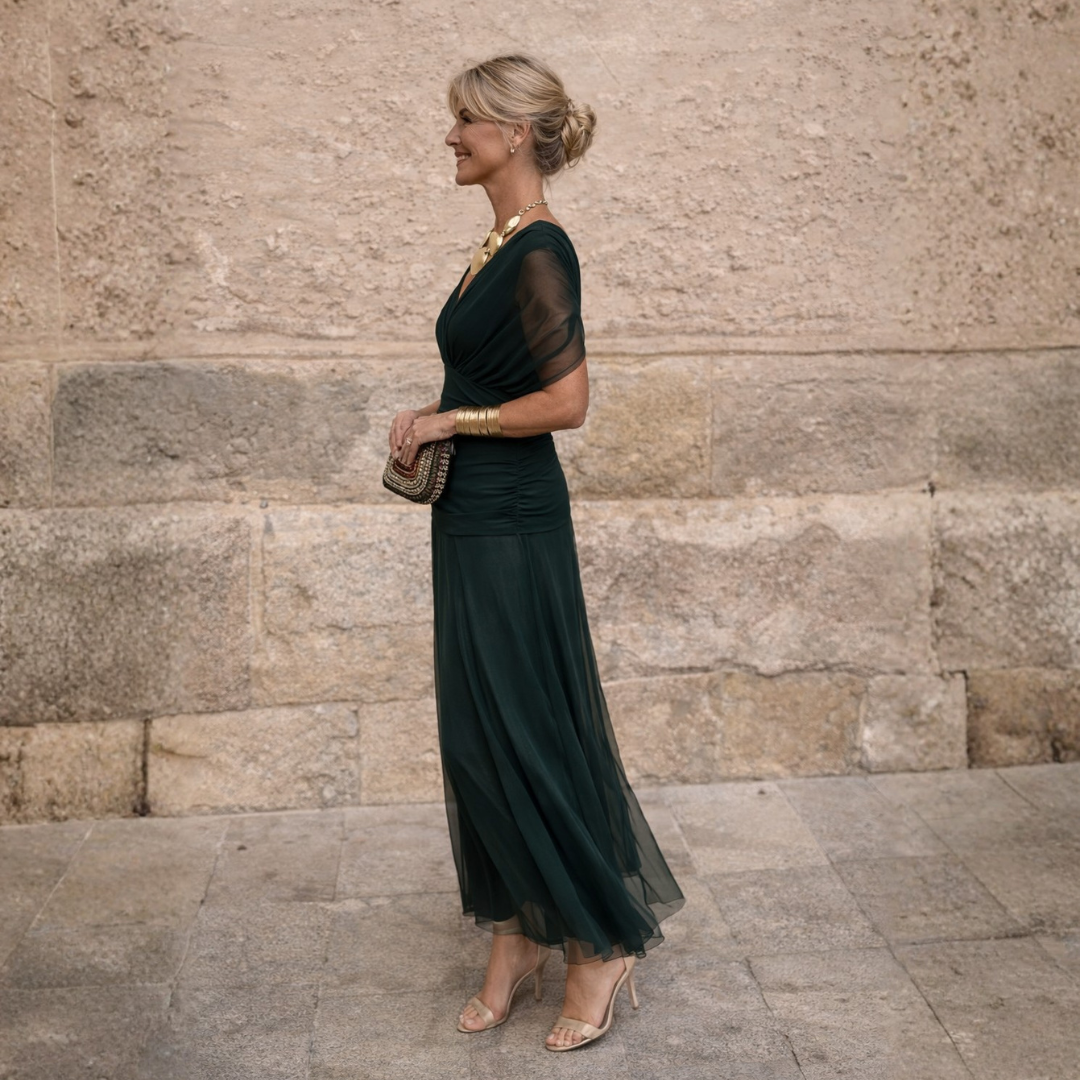 Norma | Vestido de Gasa con Hombros Caídos, Verde y Rosa