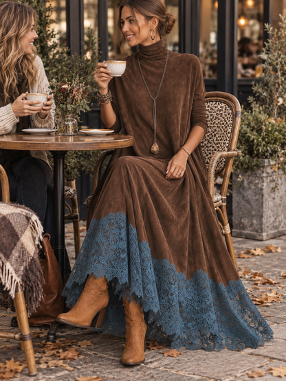 Piera | Vestido Largo Efecto Ante con Bajo de Encaje
