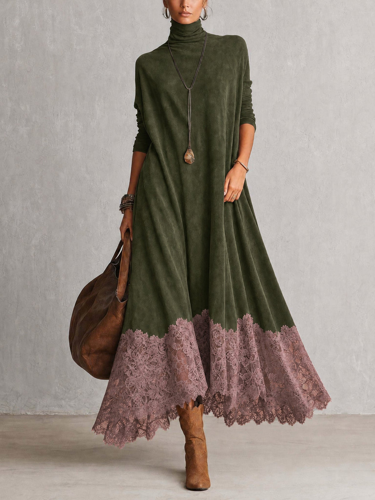 Piera | Vestido Largo Efecto Ante con Bajo de Encaje