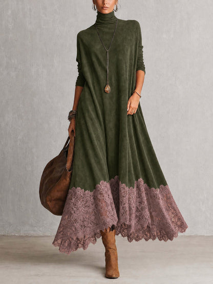 Piera | Vestido Largo Efecto Ante con Bajo de Encaje