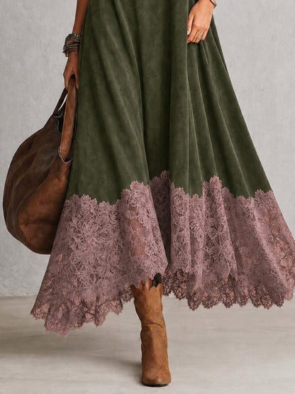 Piera | Vestido Largo Efecto Ante con Bajo de Encaje