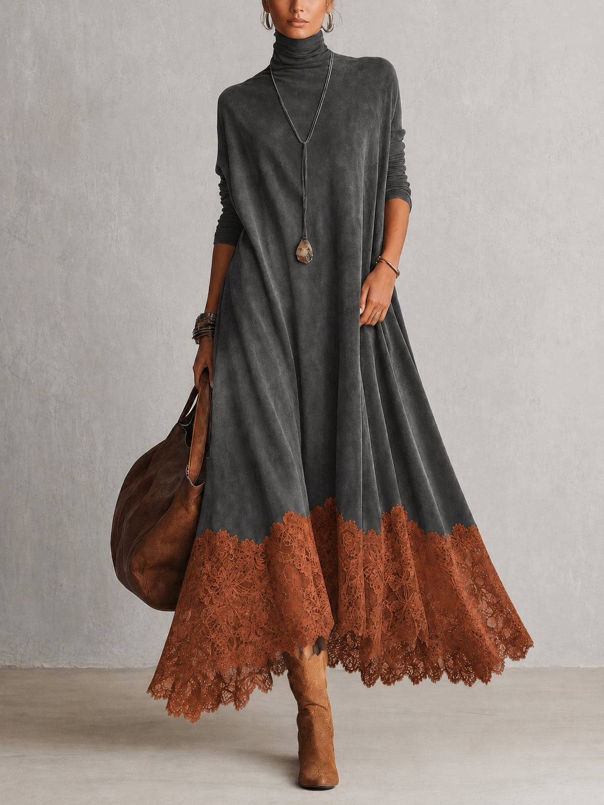 Piera | Vestido Largo Efecto Ante con Bajo de Encaje