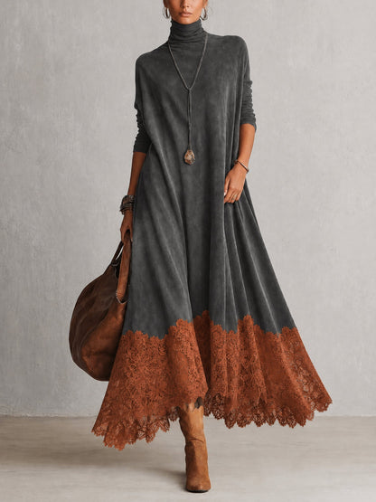 Piera | Vestido Largo Efecto Ante con Bajo de Encaje