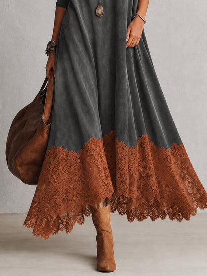 Piera | Vestido Largo Efecto Ante con Bajo de Encaje