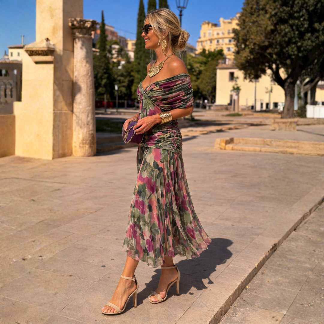 Norma | Vestido de Gasa con Hombros Caídos, Verde y Rosa