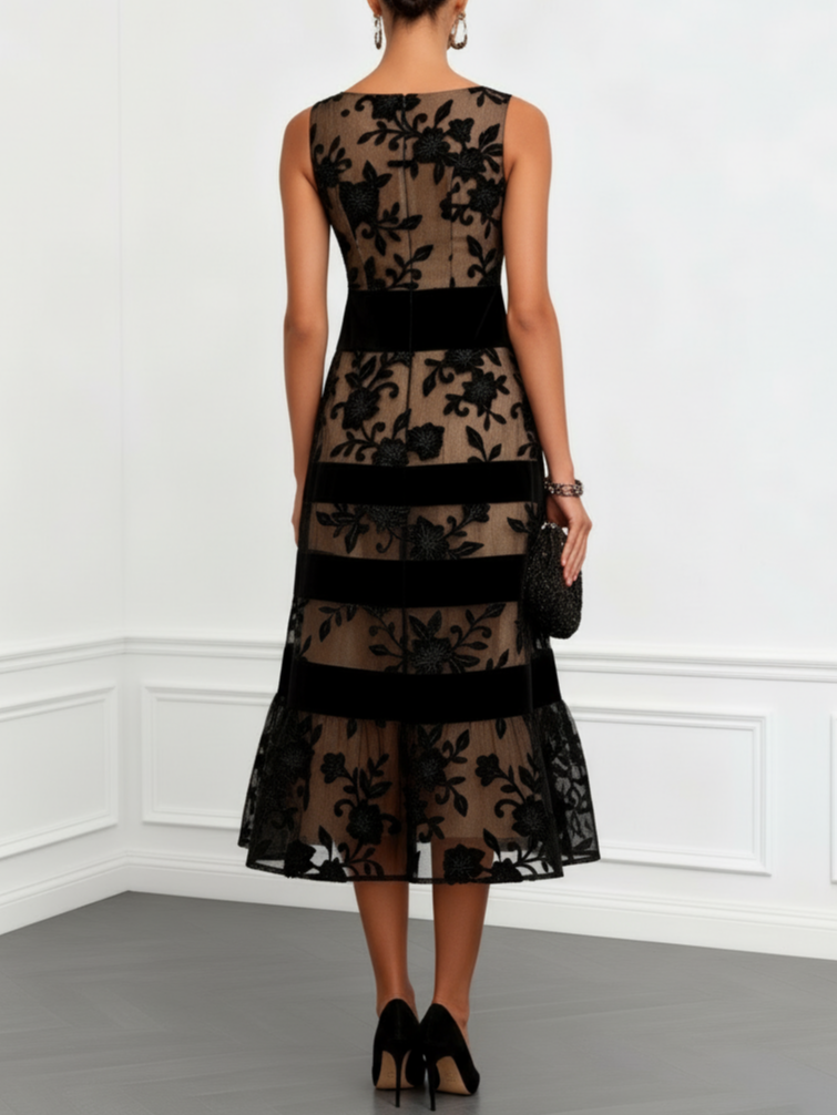 Vestido Midi de Malla Floral, Negro Elegante