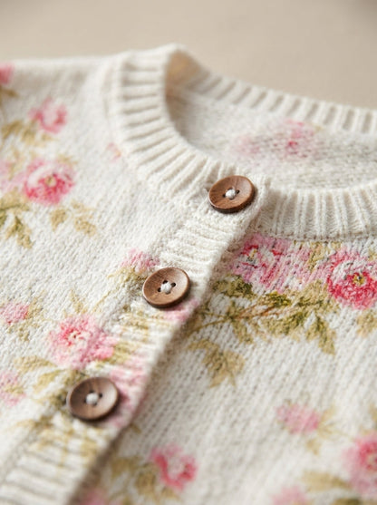 Kerensa | Cárdigan de Punto Vintage, Floral Rosa sobre Crudo