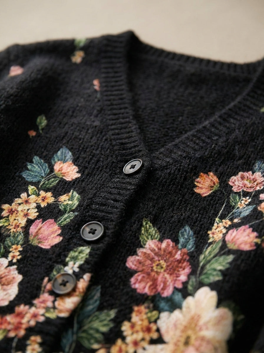 Kivara | Cárdigan de Punto Vintage, Botánico sobre Negro