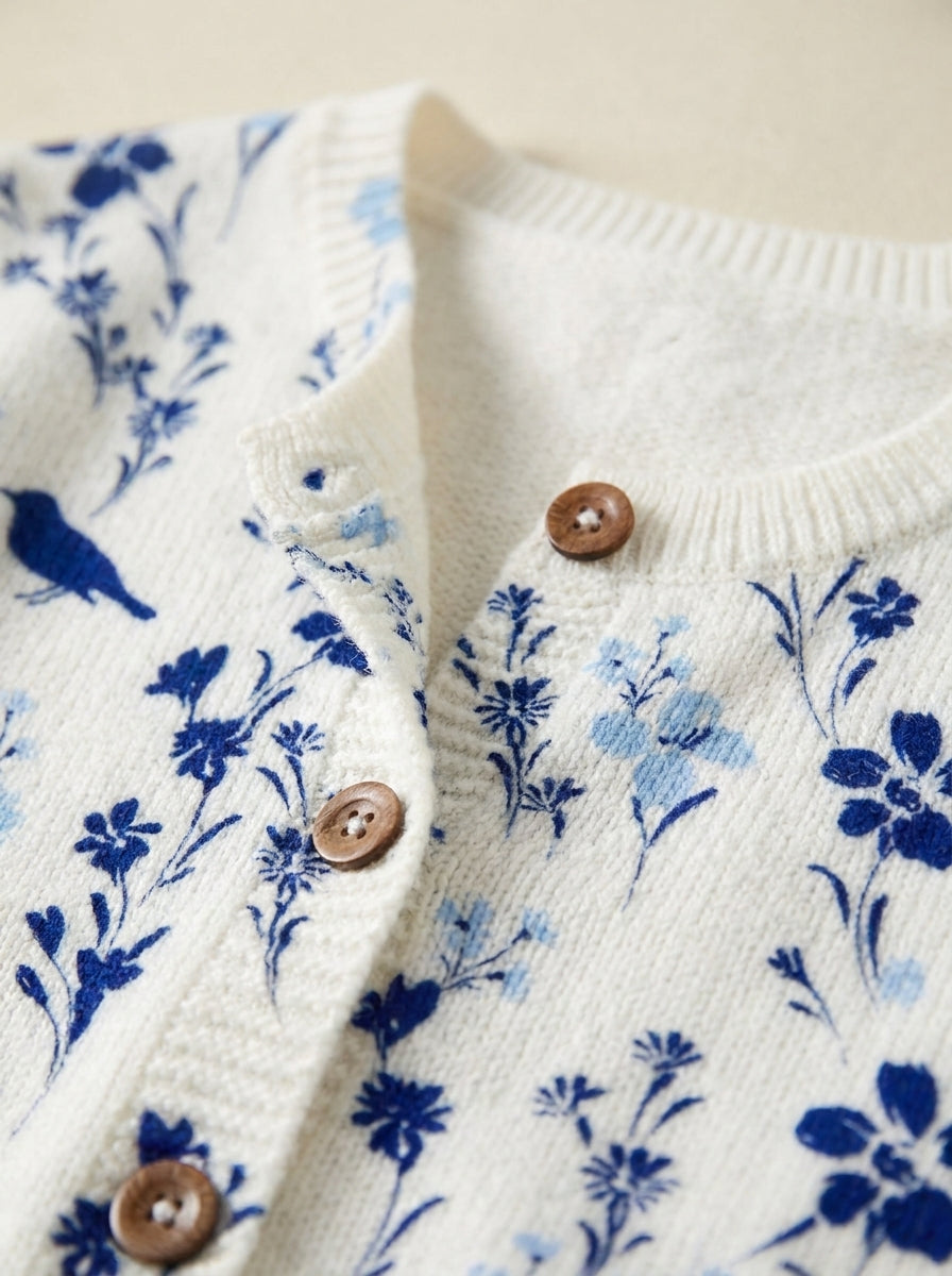 Vynora | Cárdigan de Punto Vintage, Pájaros y Flores en Azul Marino