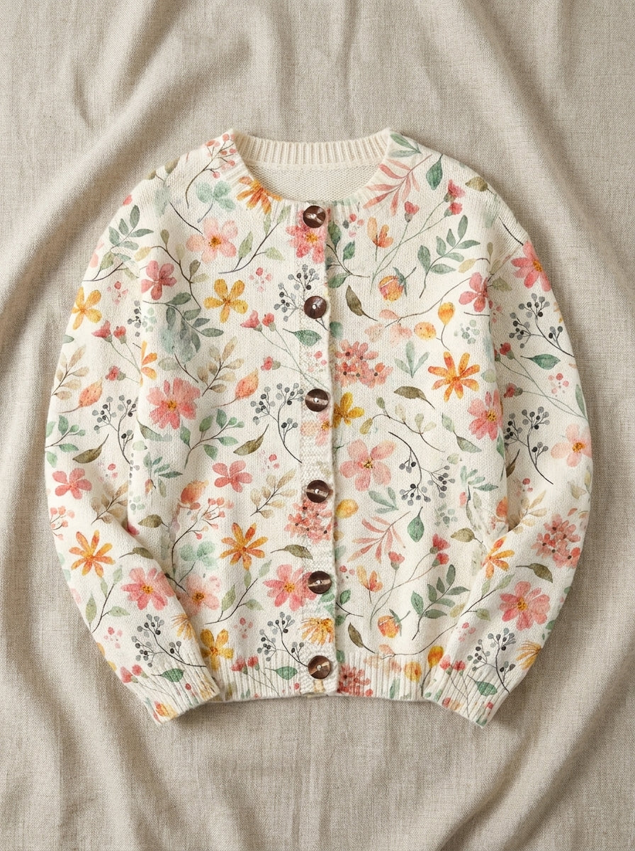 Greta | Cárdigan de Punto Vintage, Acuarela Rosa y Salvia