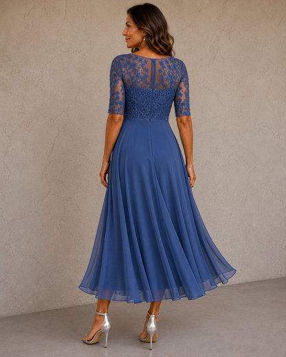Isabela | Vestido de Encaje y Gasa, Azul Medianoche