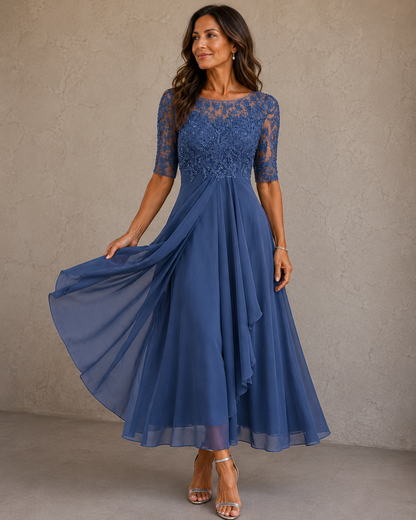 Isabela | Vestido de Encaje y Gasa, Azul Medianoche