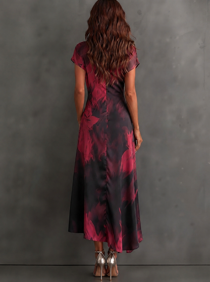Vestido Midi Cruzado Abstracto Rojo y Negro con Cuello Camisero, Escote en V, Manga Corta, Cintura Anudada y Bajo Asimétrico con Volante
