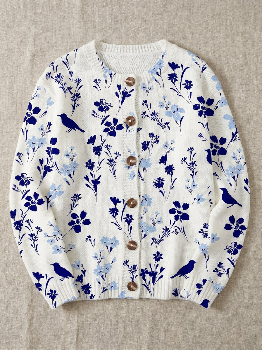 Vynora | Cárdigan de Punto Vintage, Pájaros y Flores en Azul Marino