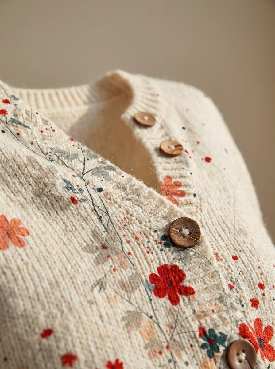 Sabrina | Cárdigan de Punto Vintage, Floral Rojo y Coral
