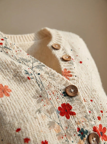 Sabrina | Cárdigan de Punto Vintage, Floral Rojo y Coral