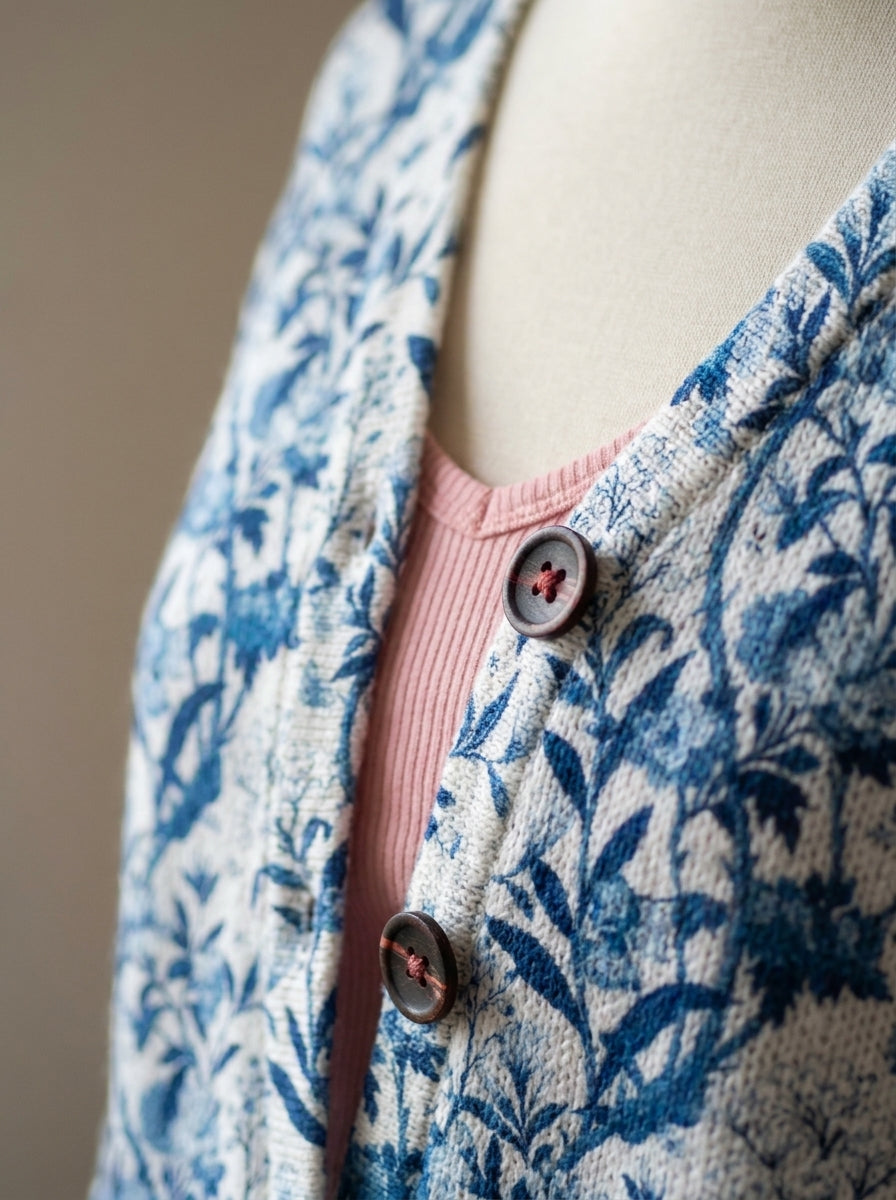 Tiverly | Cárdigan de Punto Vintage, Pájaros y Flores en Azul y Blanco