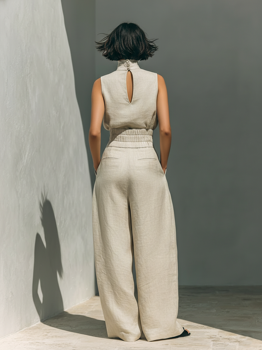 María | Conjunto minimalista de mujer en algodón y lino, con top y pantalón ancho