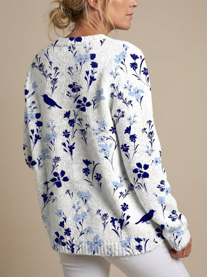 Vynora | Cárdigan de Punto Vintage, Pájaros y Flores en Azul Marino