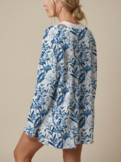 Tiverly | Cárdigan de Punto Vintage, Pájaros y Flores en Azul y Blanco