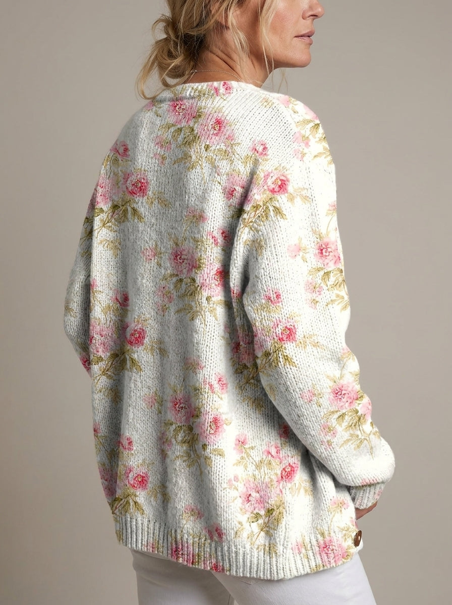 Kerensa | Cárdigan de Punto Vintage, Floral Rosa sobre Crudo